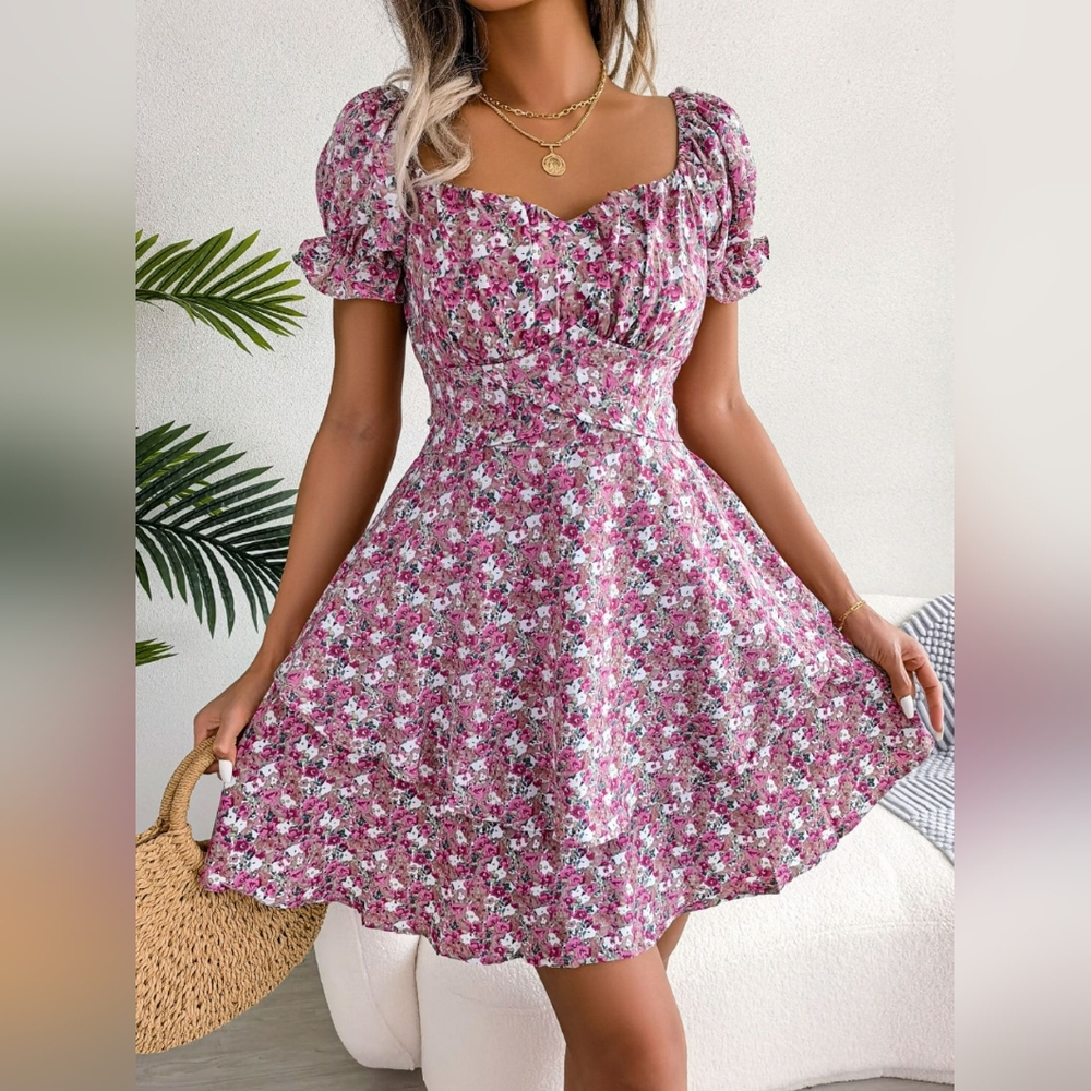 Floral Sweetheart Neck Flounce Sleeve Mini Dress
